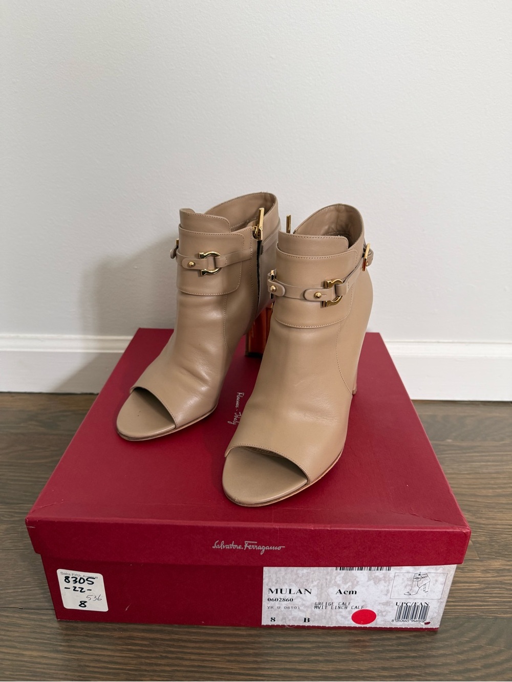 Salvatore Ferragamo Nude Leather Peep-Toe Ankle Boots with Gold Buckle